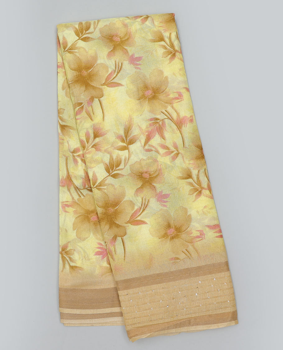 Yellow floral motifs printed semi-banaras dola saree, sequins striped border