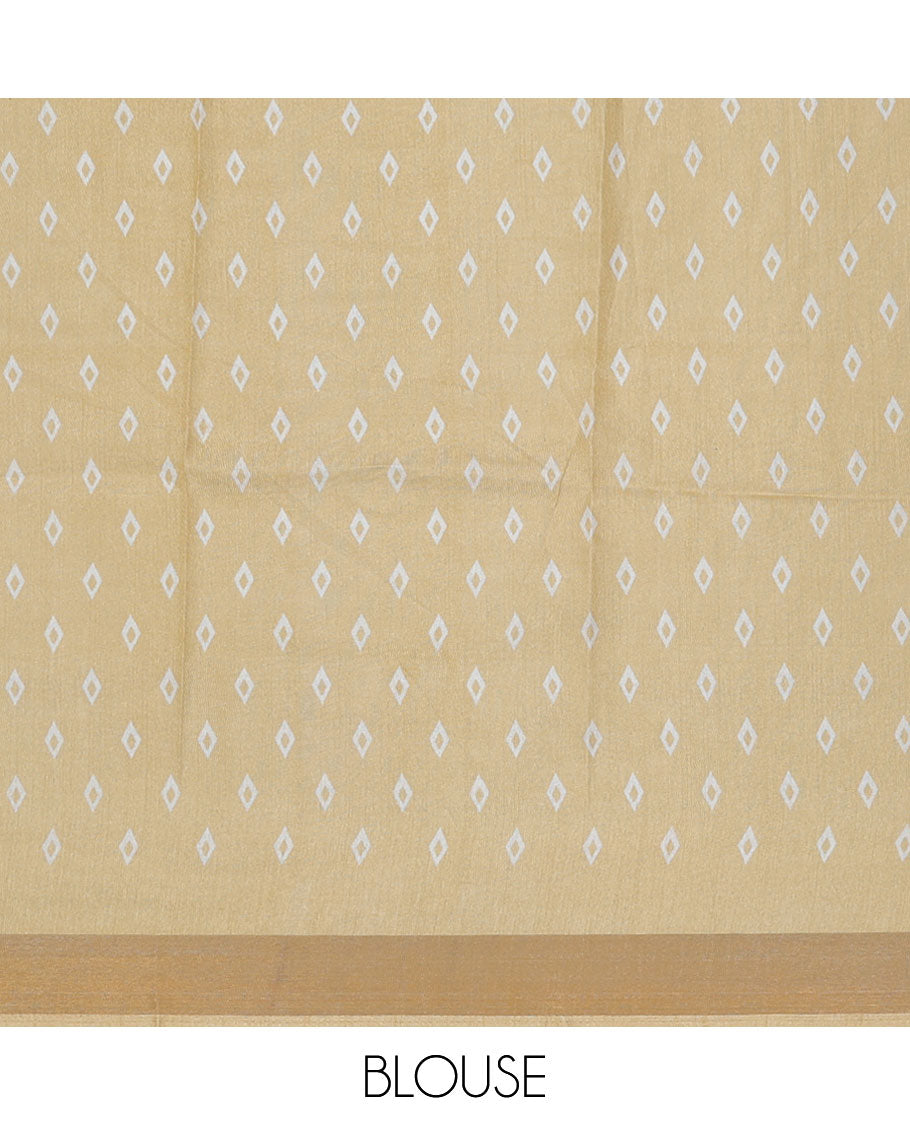 Yellow floral motifs printed semi-banaras dola saree, sequins striped border