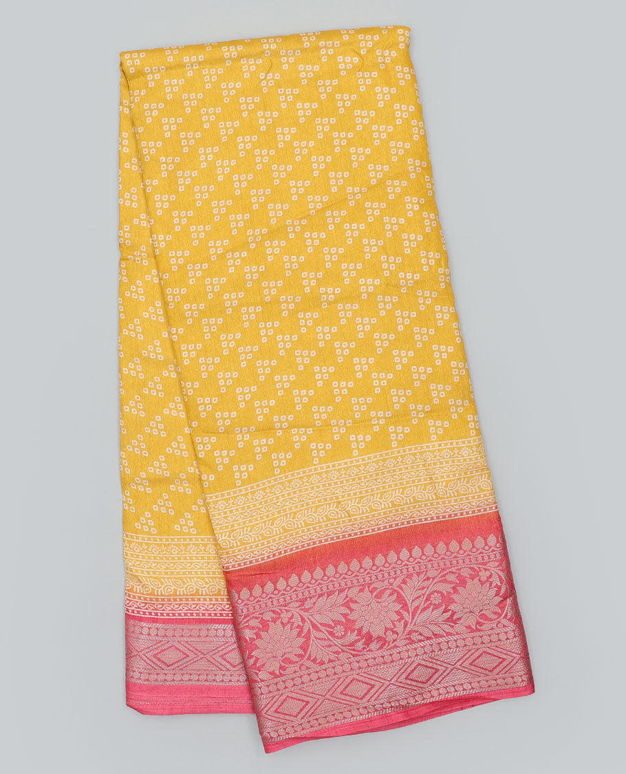 Orange bandhani motifs printed semi-banaras dola saree, contrast traditional design border