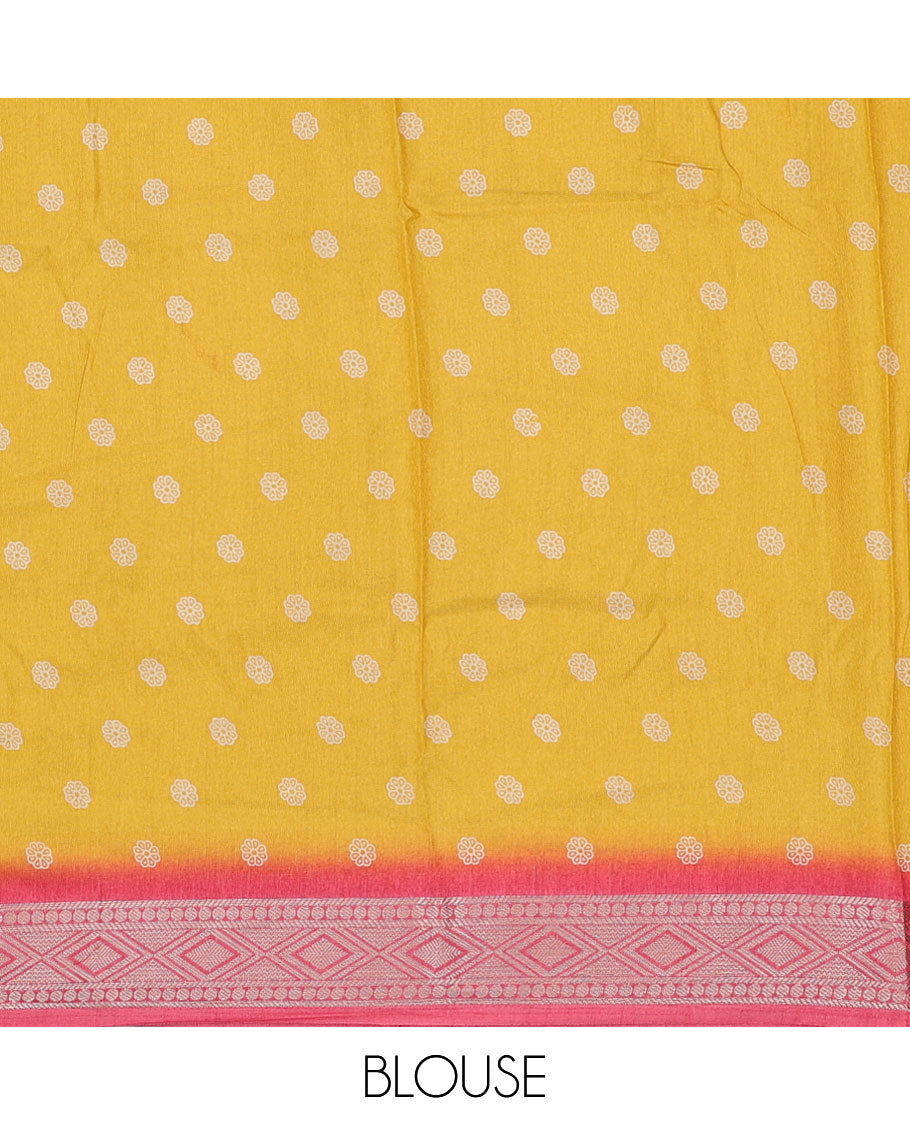 Orange bandhani motifs printed semi-banaras dola saree, contrast traditional design border