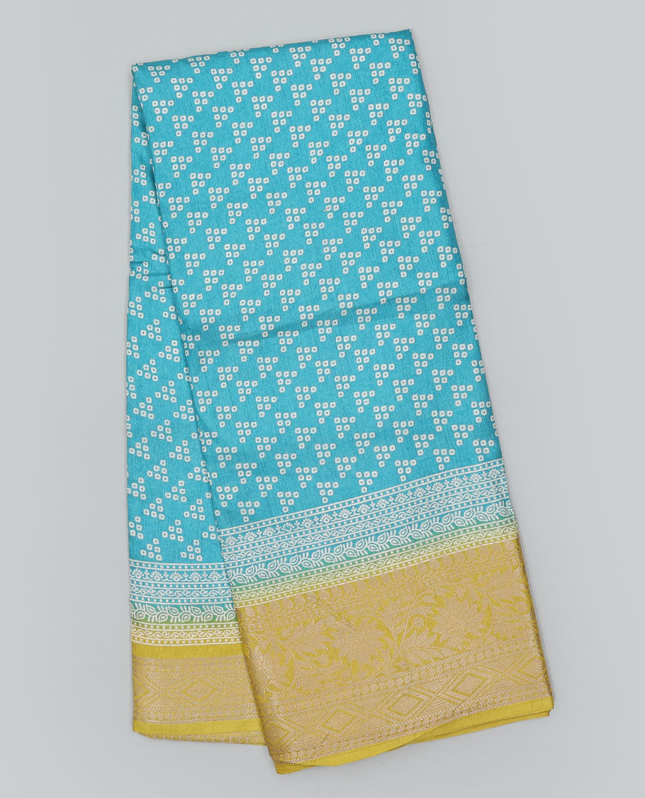 Blue bandhani motifs printed semi-banaras dola saree, contrast traditional design border