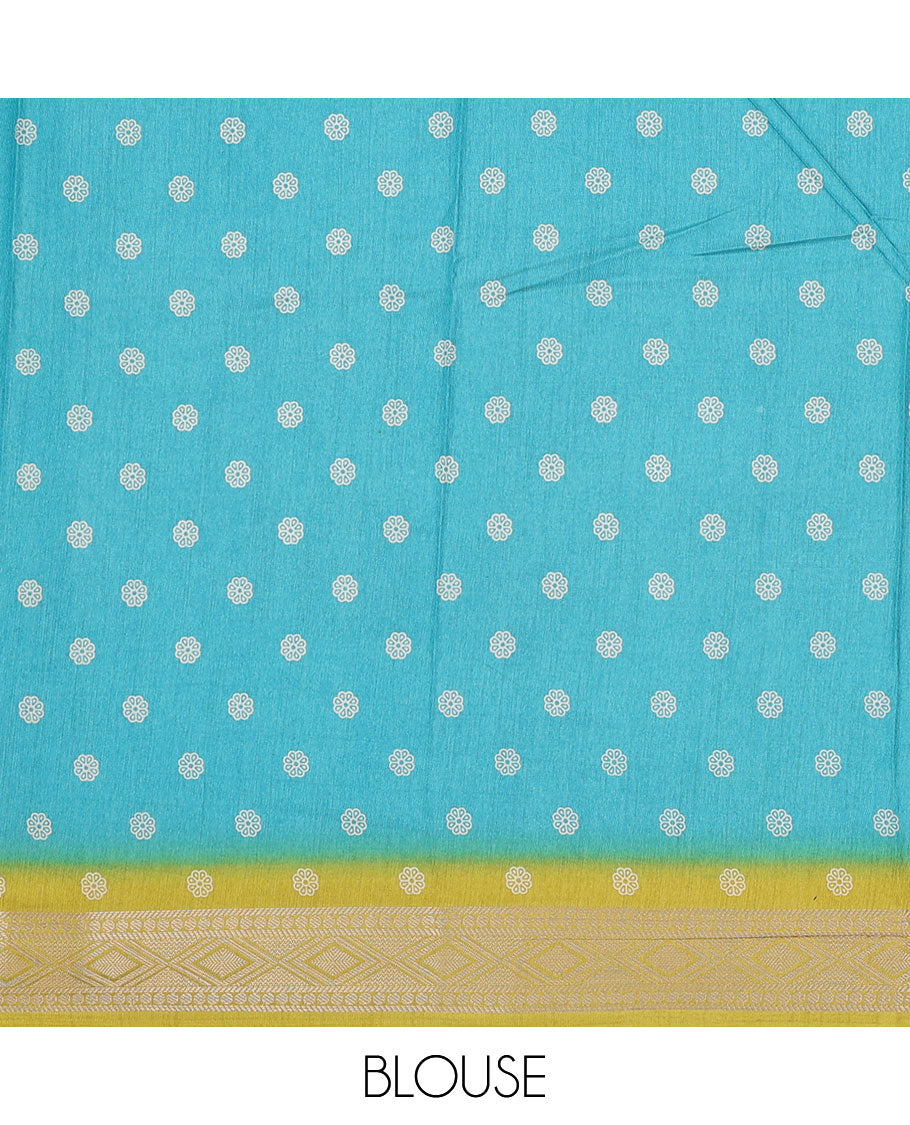 Blue bandhani motifs printed semi-banaras dola saree, contrast traditional design border
