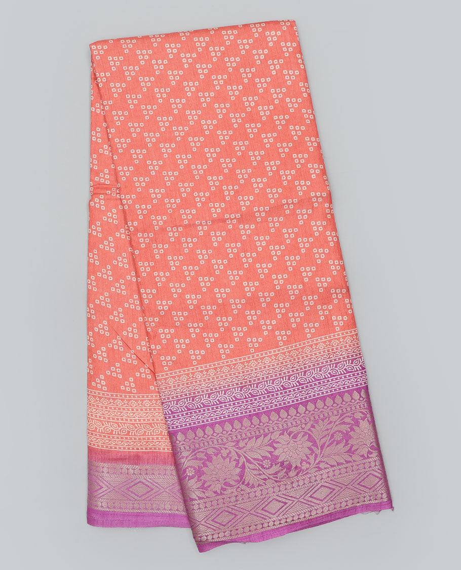 Peach bandhani motifs printed semi-banaras dola saree, contrast traditional design border