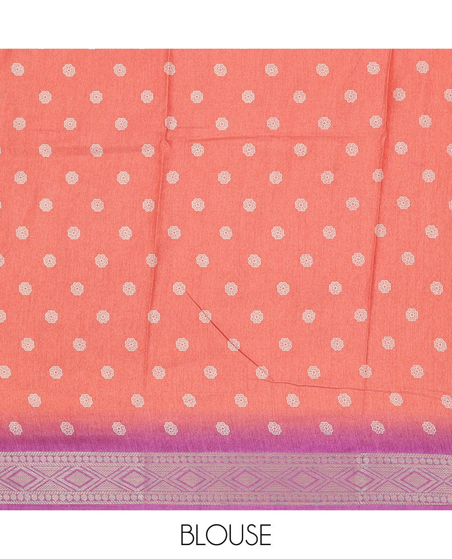 Peach bandhani motifs printed semi-banaras dola saree, contrast traditional design border