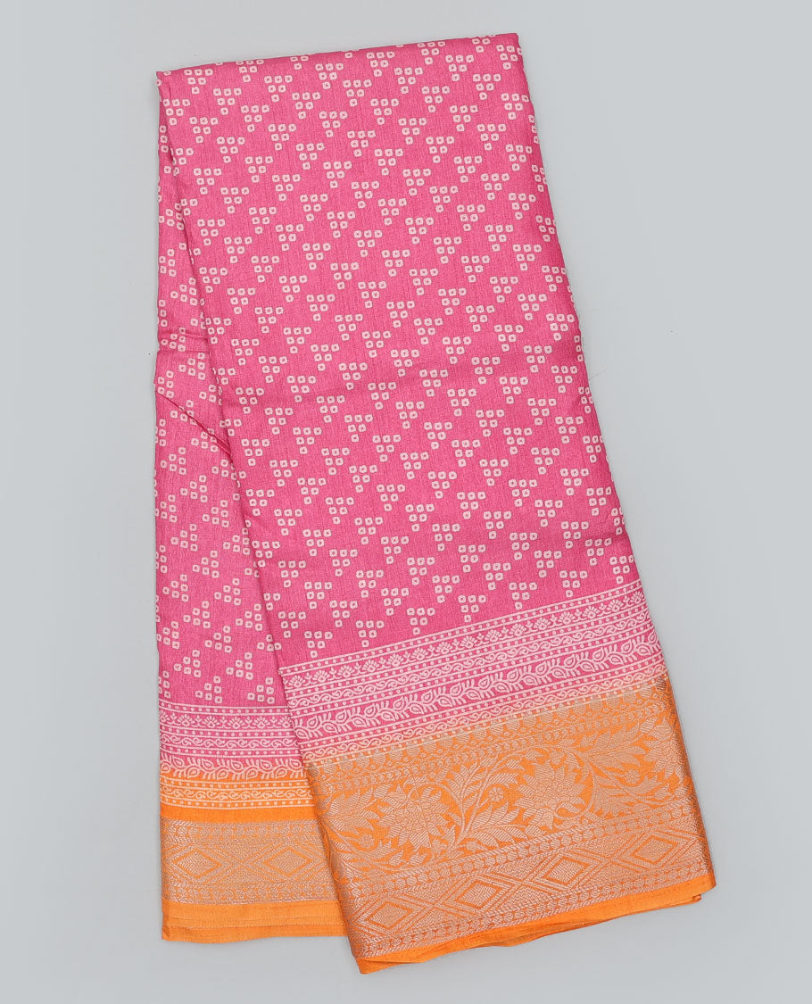Pink bandhani motifs printed semi-banaras dola saree, contrast traditional design border