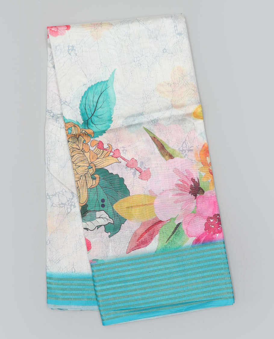 Multi-color batik & floral printed semi-banaras dola saree, contrast striped border