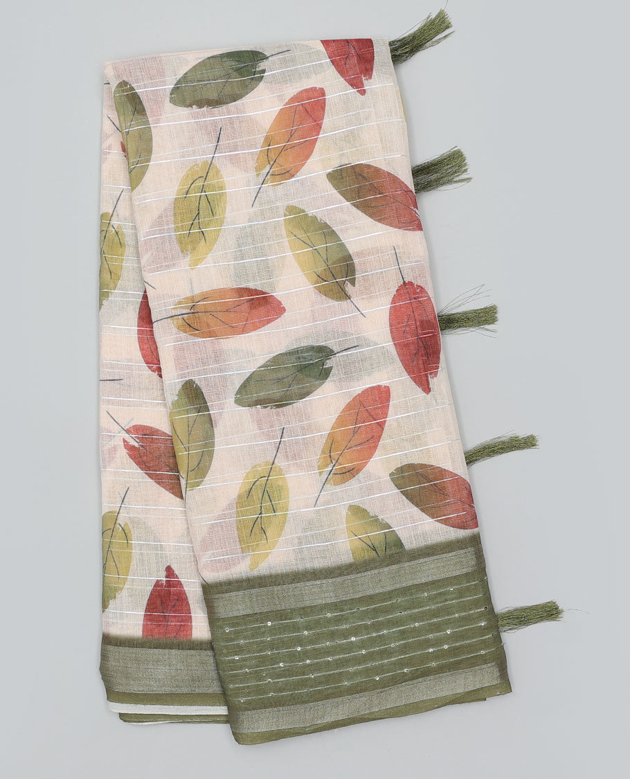 Sandal striped & leaf motifs printed semi-banaras dola saree, contrast sequins striped border
