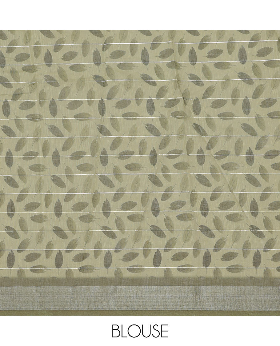 Sandal striped & leaf motifs printed semi-banaras dola saree, contrast sequins striped border