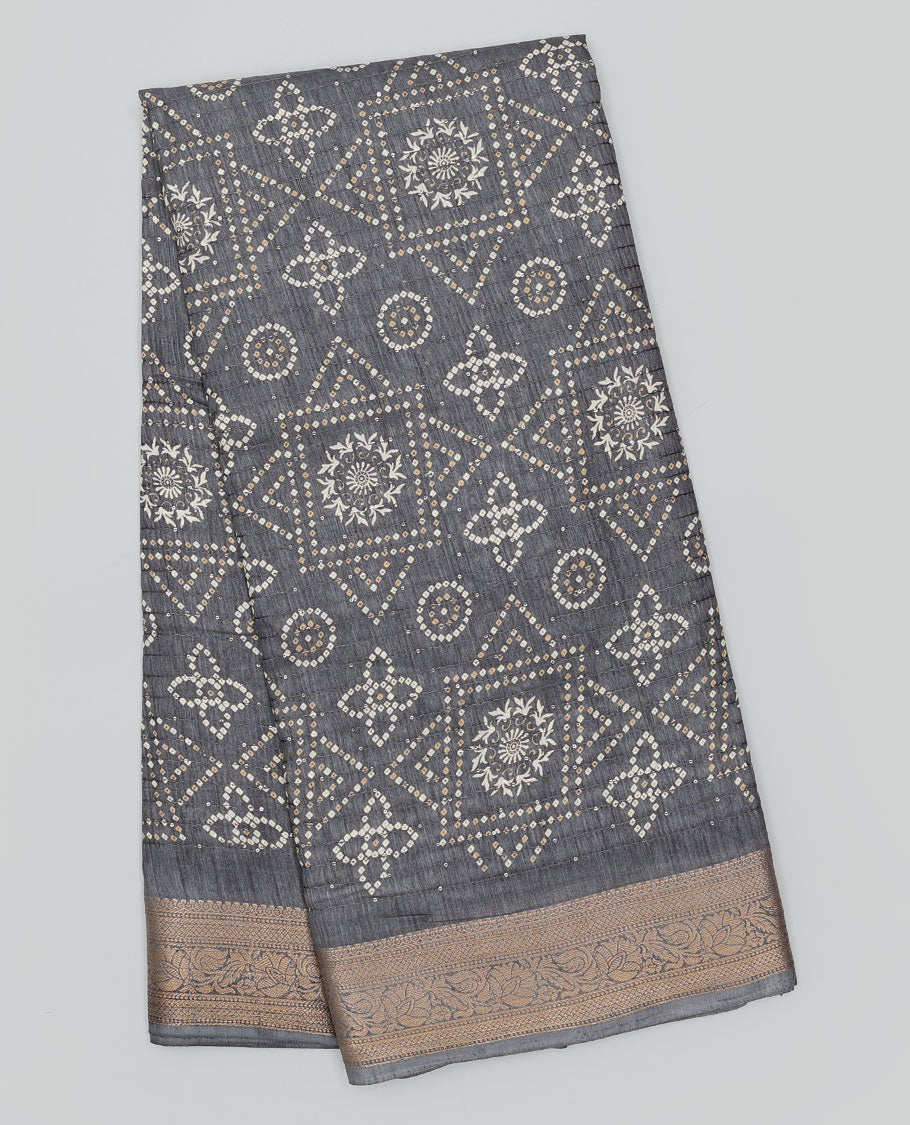 Grey sequins striped & bandhani motifs printed semi-banaras dola saree, traditional border