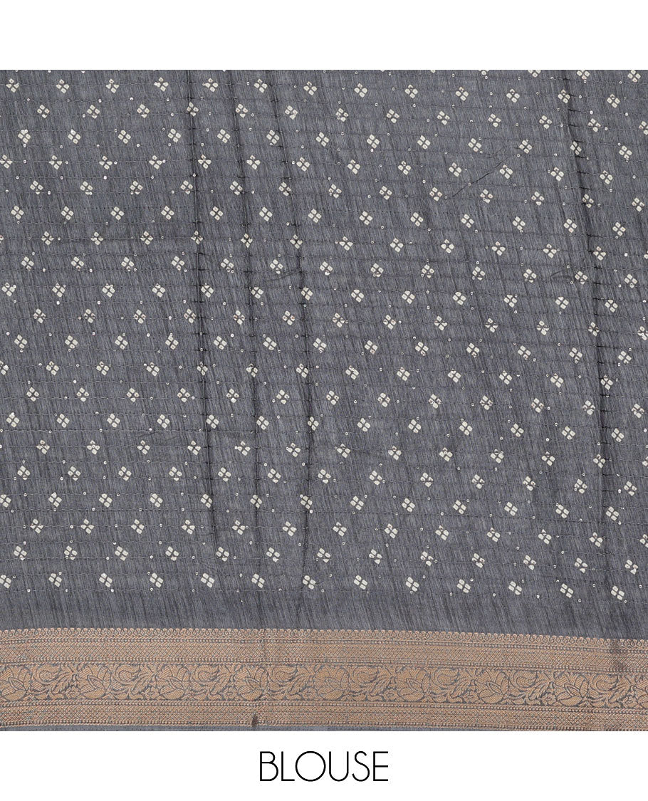 Grey sequins striped & bandhani motifs printed semi-banaras dola saree, traditional border