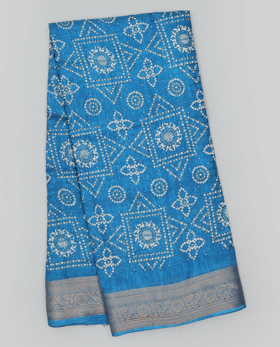 Blue sequins striped & bandhani motifs printed semi-banaras dola saree, traditional border