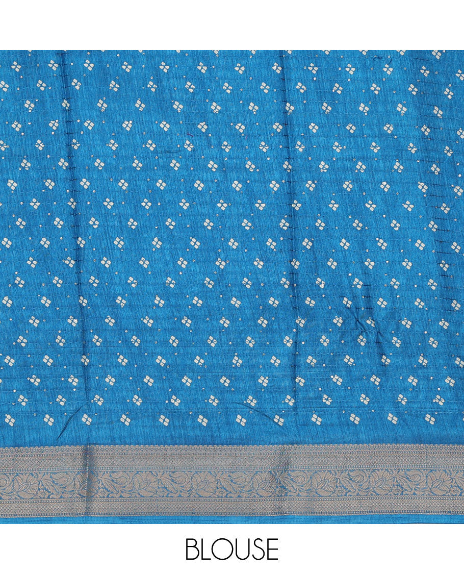 Blue sequins striped & bandhani motifs printed semi-banaras dola saree, traditional border