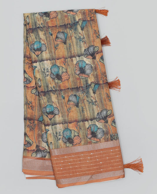 Multi-color striped & floral vine printed semi-banaras dola saree, contrast sequins striped border