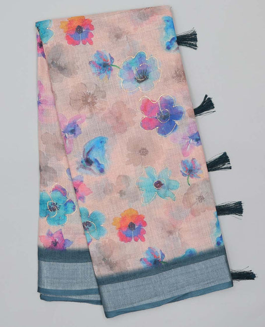 Brown colorful floral motifs printed semi-banaras linen saree, contrast plain border