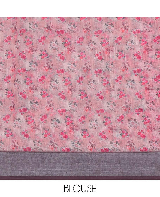 Pink floral motifs printed semi-banaras linen saree, contrast plain border