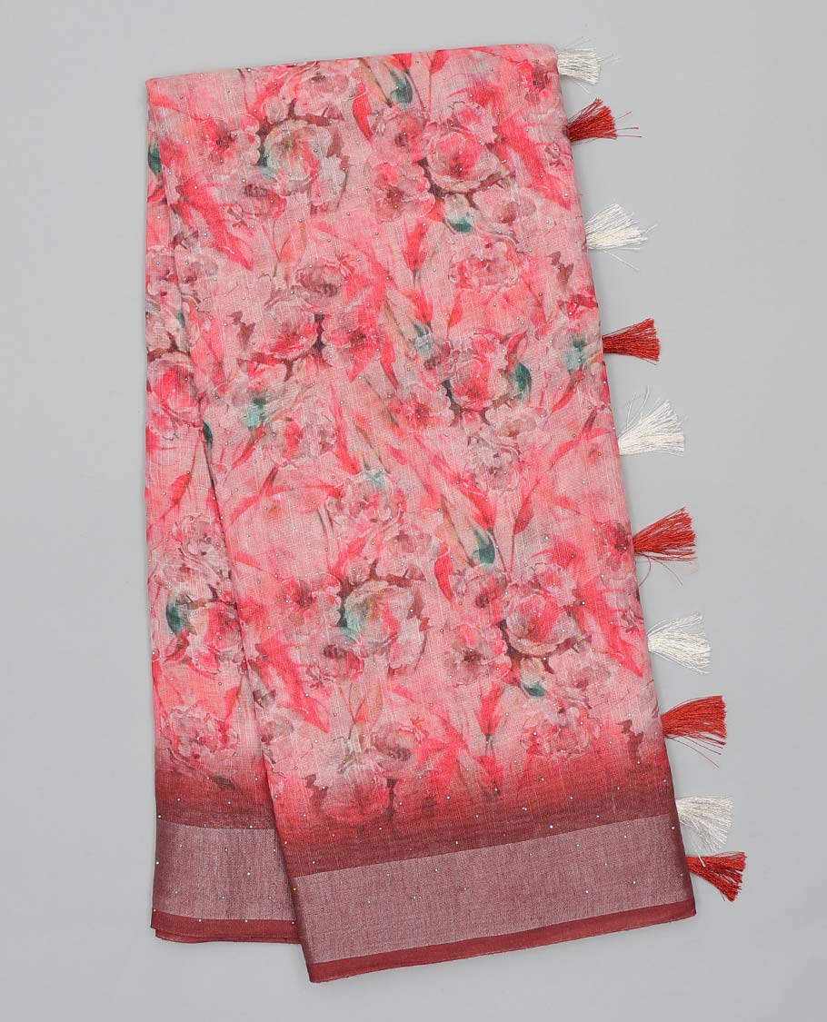 Pink floral printed semi-banaras linen saree, contrast border