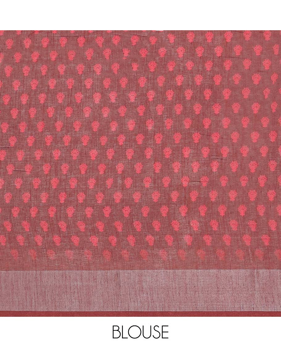 Pink floral printed semi-banaras linen saree, contrast border