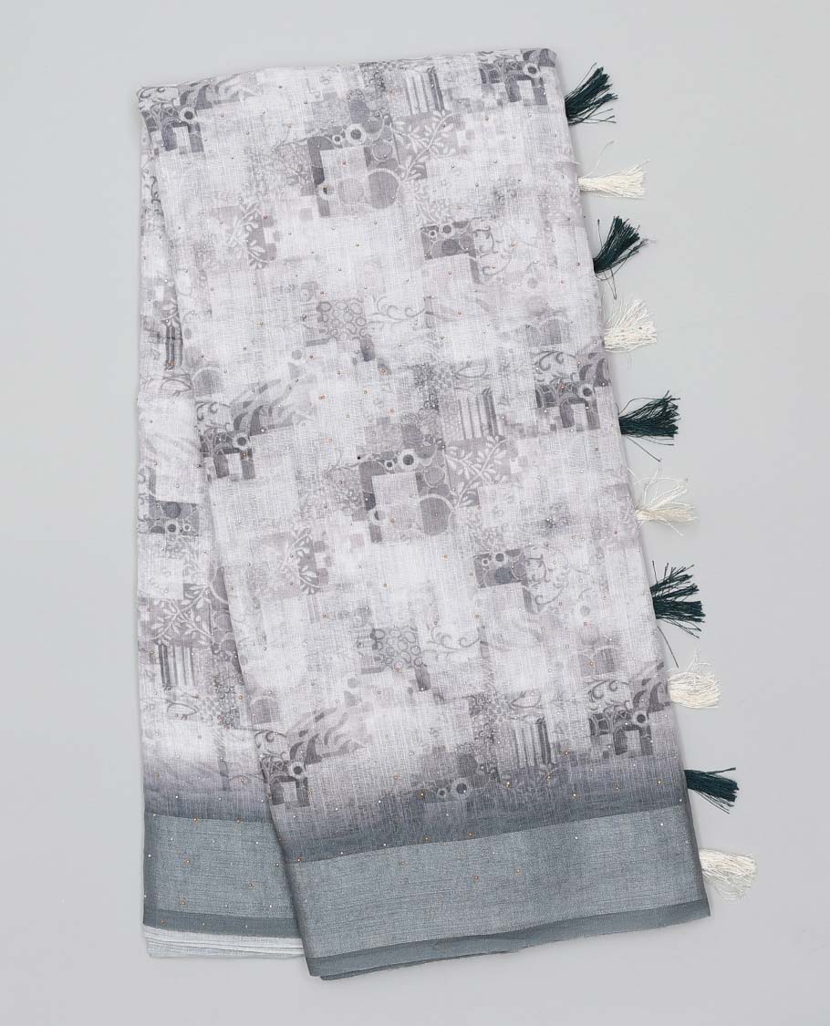Off-white floral & geometric printed semi-banaras linen saree, contrast border