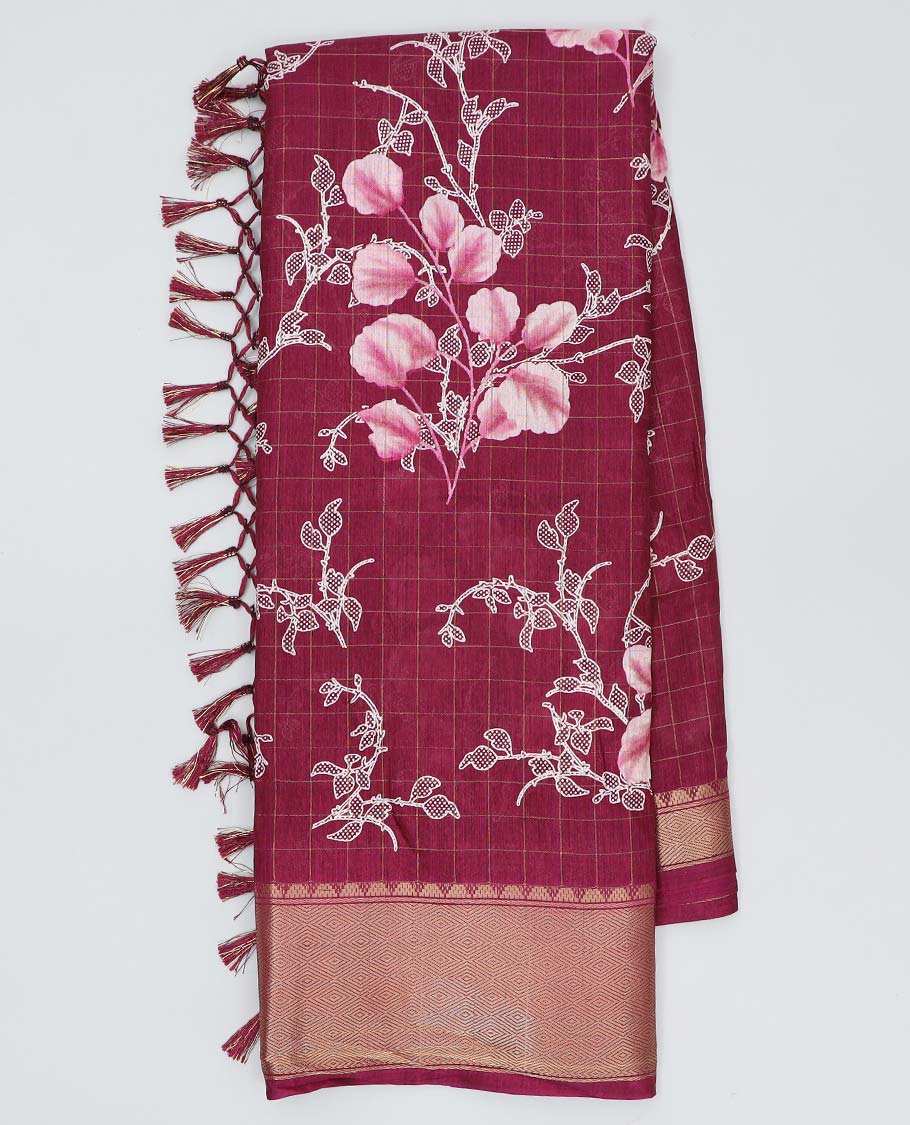 Maroon checked & floral vine printed semi-banaras dola saree, jaal design border