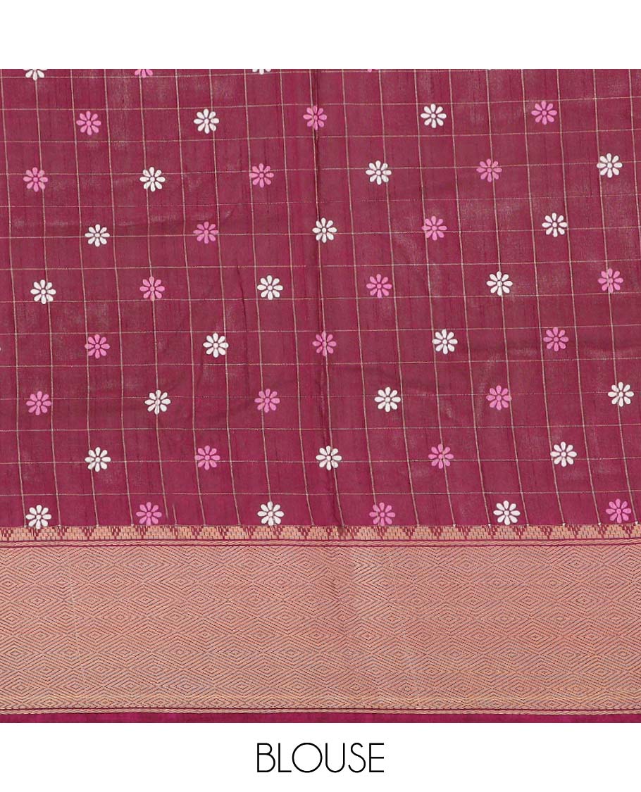 Maroon checked & floral vine printed semi-banaras dola saree, jaal design border