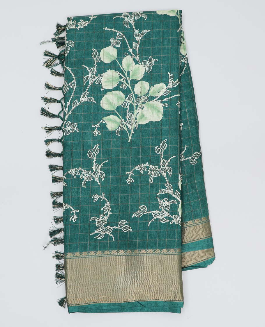 Green checked & floral vine printed semi-banaras dola saree, jaal design border