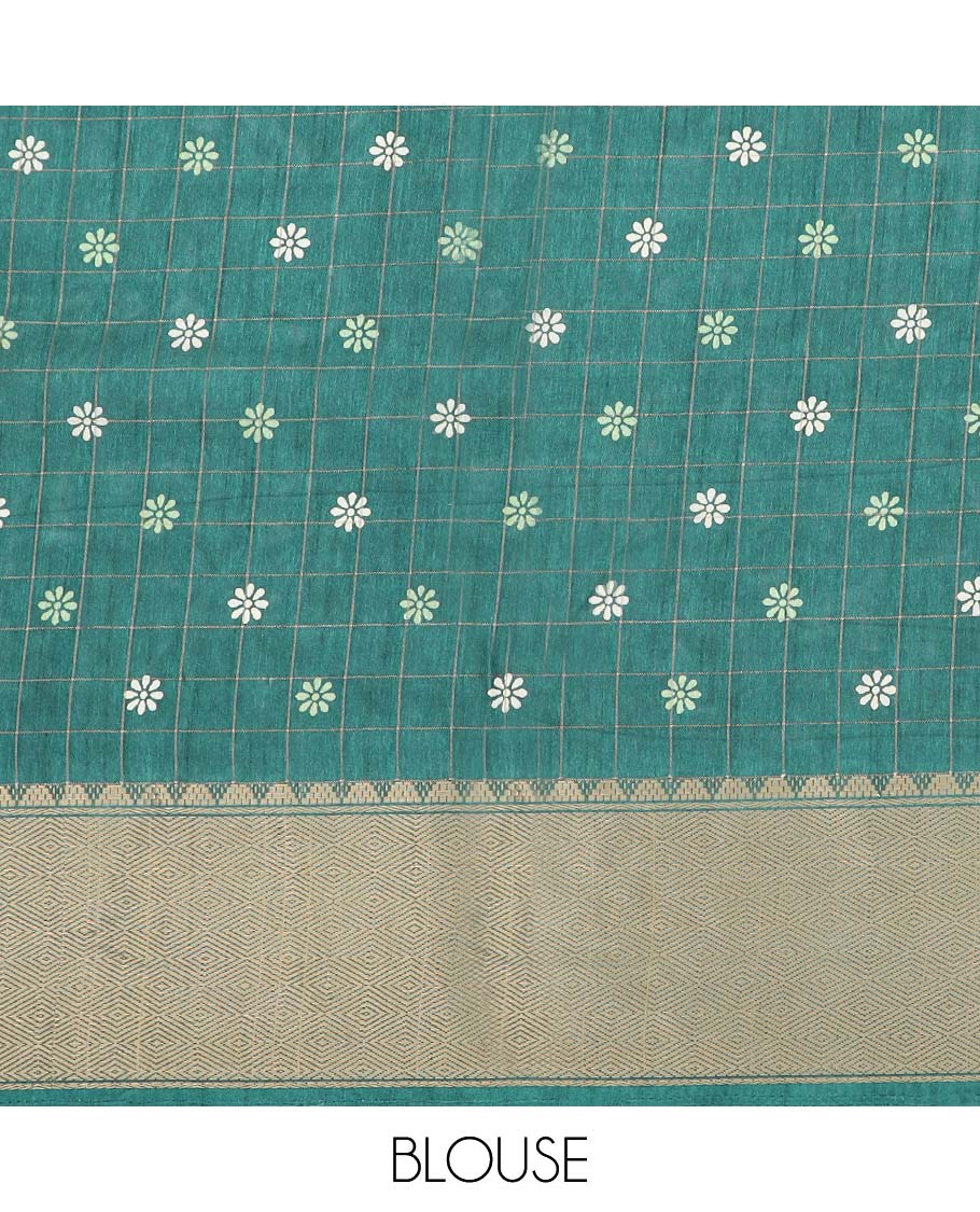 Green checked & floral vine printed semi-banaras dola saree, jaal design border