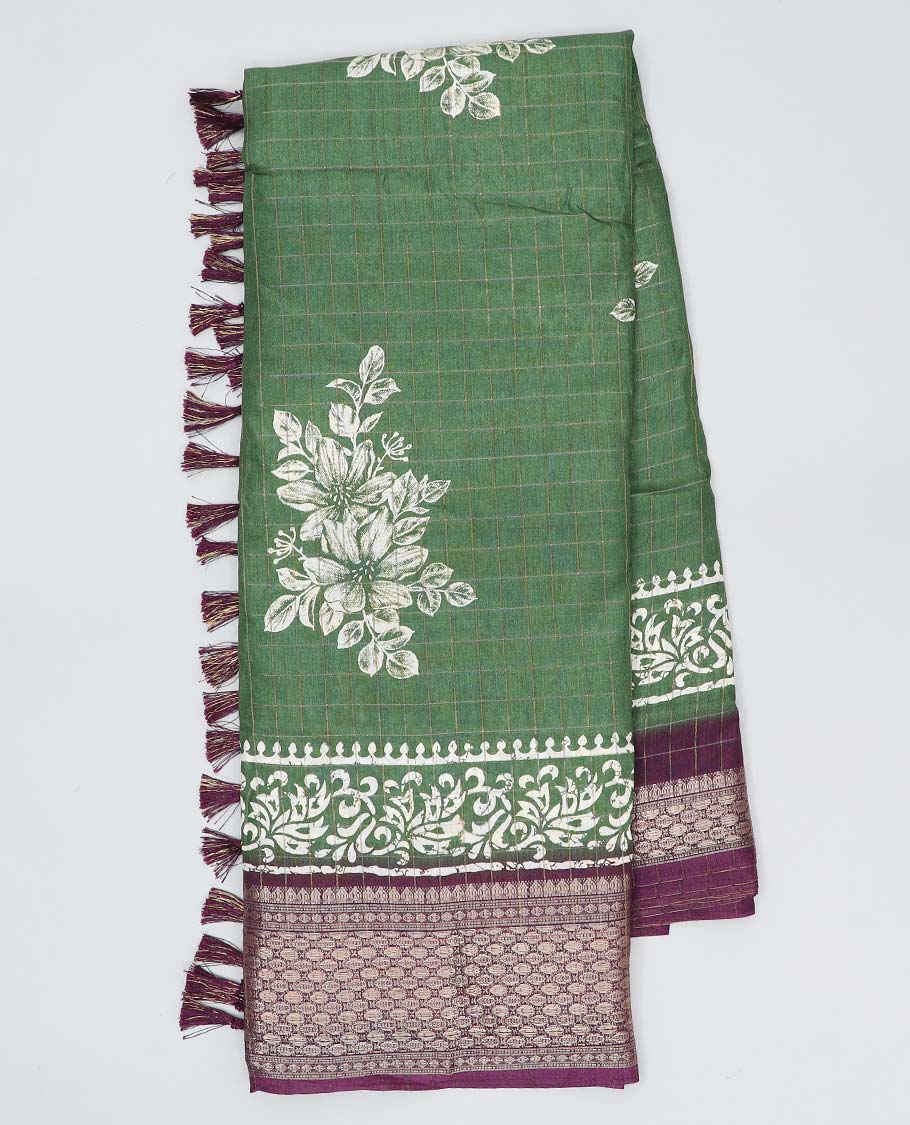 Green checked & floral motifs printed semi-banaras dola saree, contrast unique design border