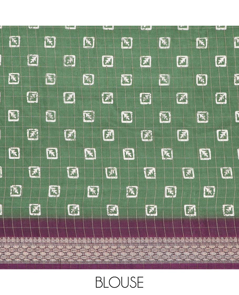 Green checked & floral motifs printed semi-banaras dola saree, contrast unique design border