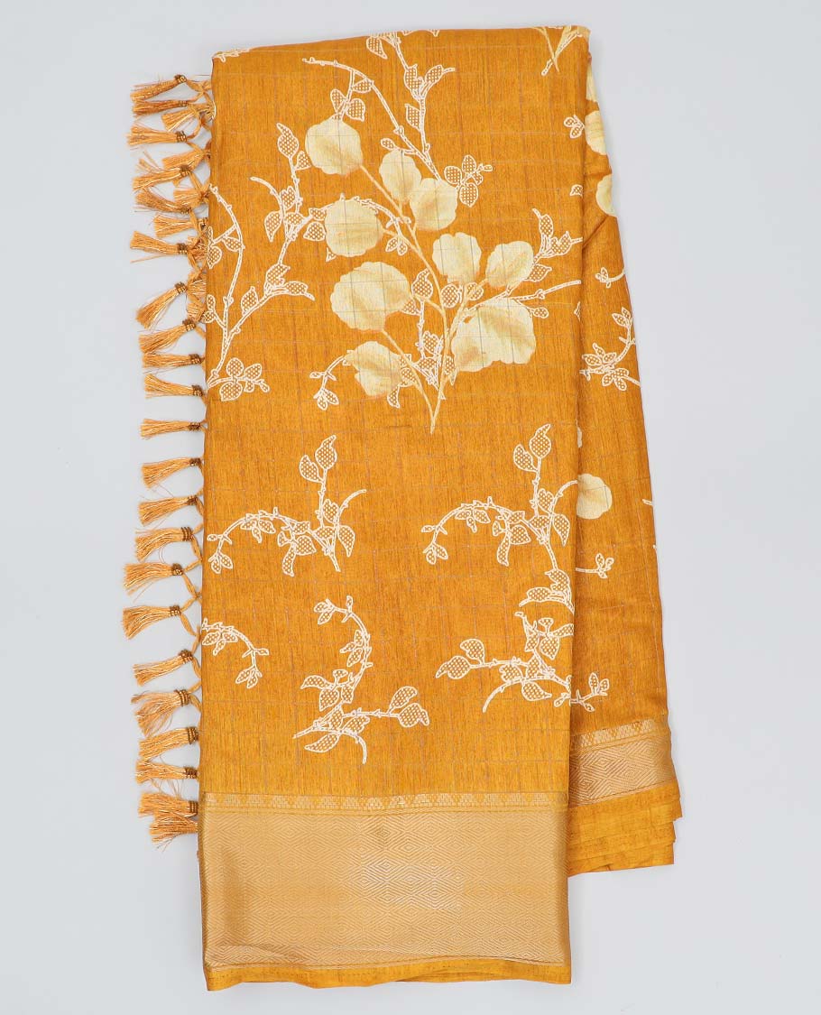 Orange checked & floral vine printed semi-banaras dola saree, jaal design border