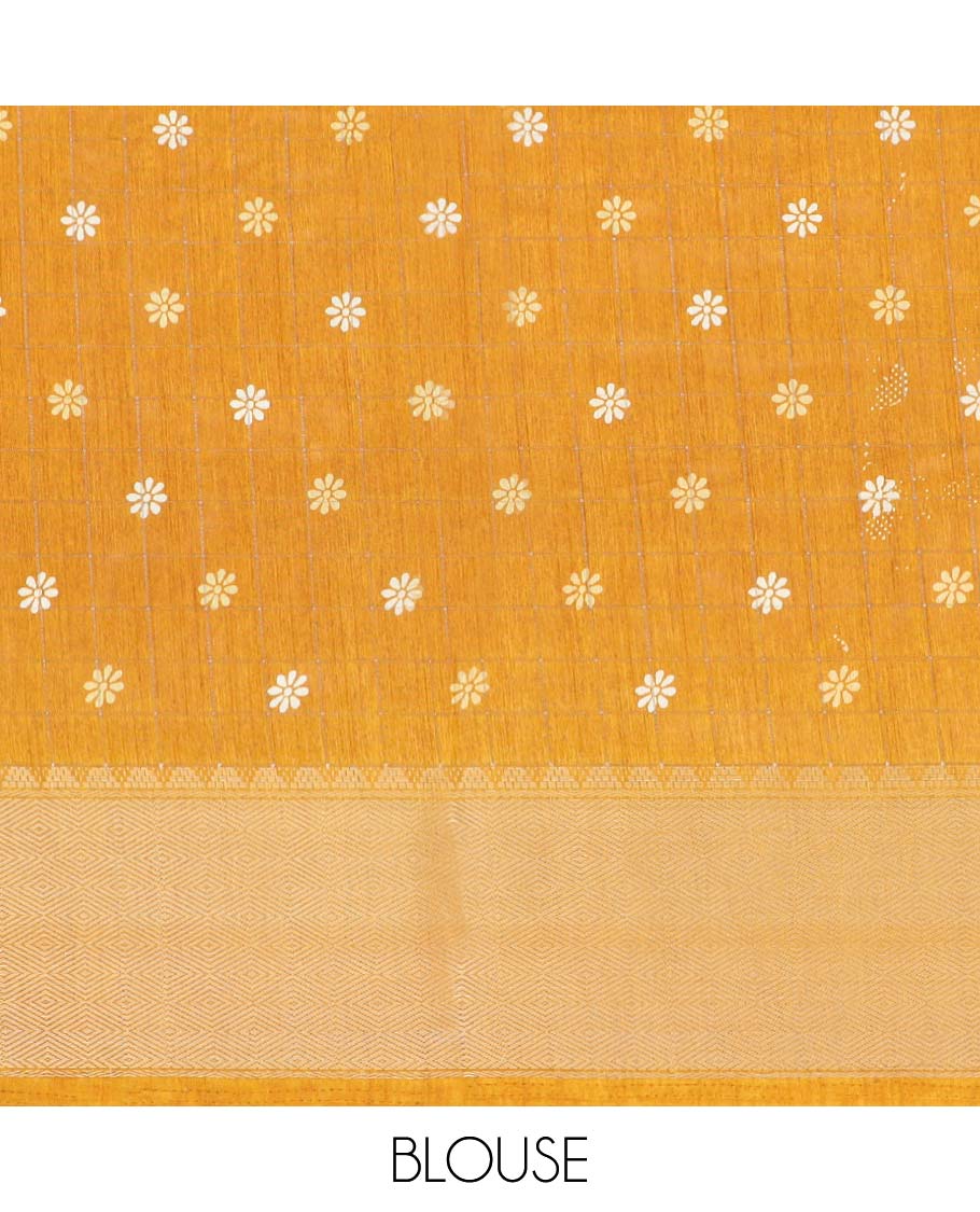 Orange checked & floral vine printed semi-banaras dola saree, jaal design border