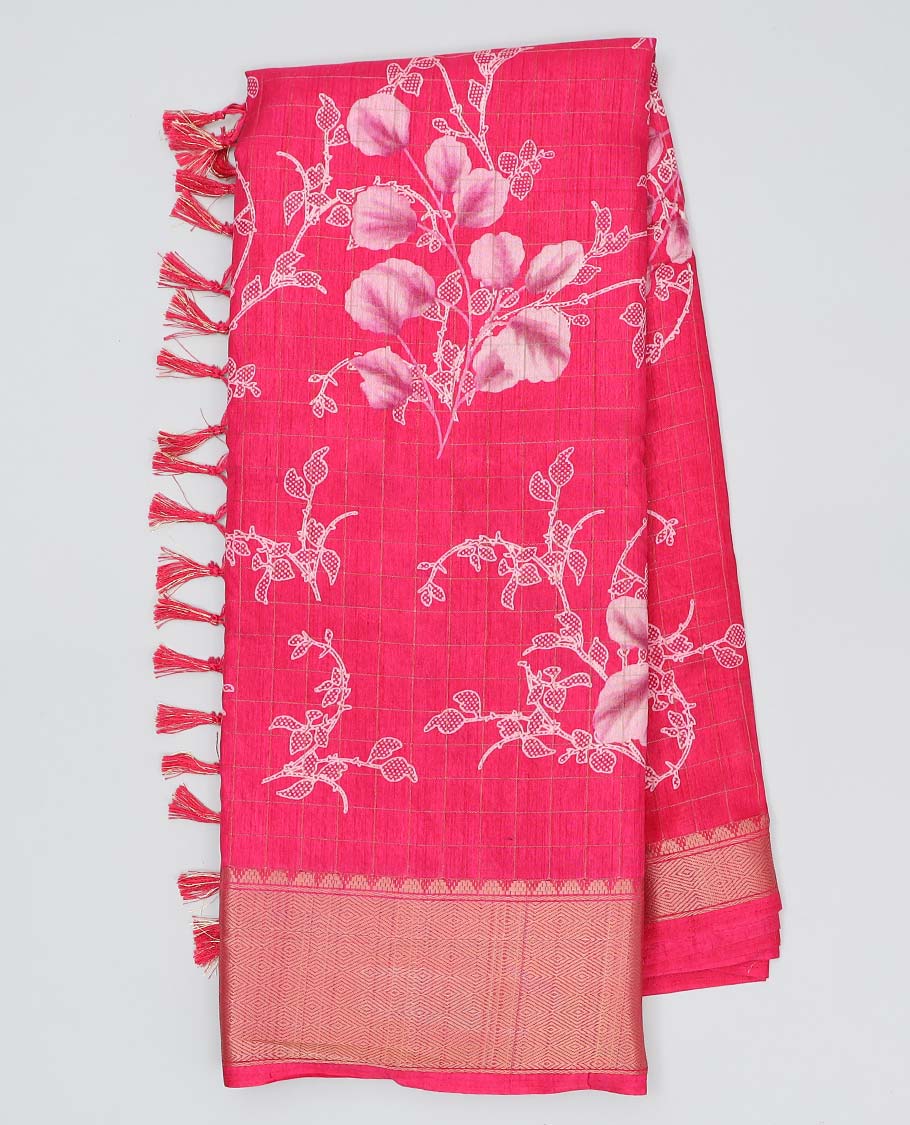 Pink checked & floral vine printed semi-banaras dola saree, jaal design border