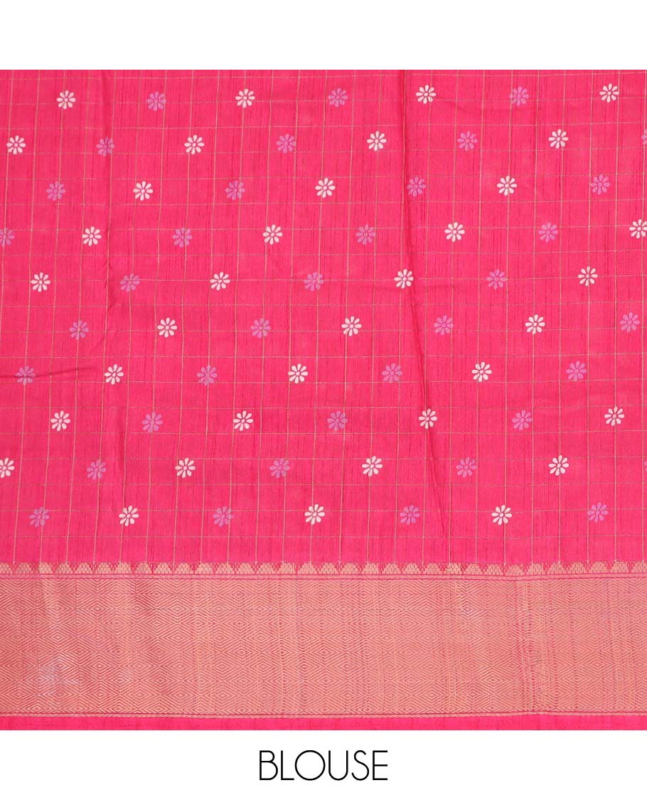 Pink checked & floral vine printed semi-banaras dola saree, jaal design border