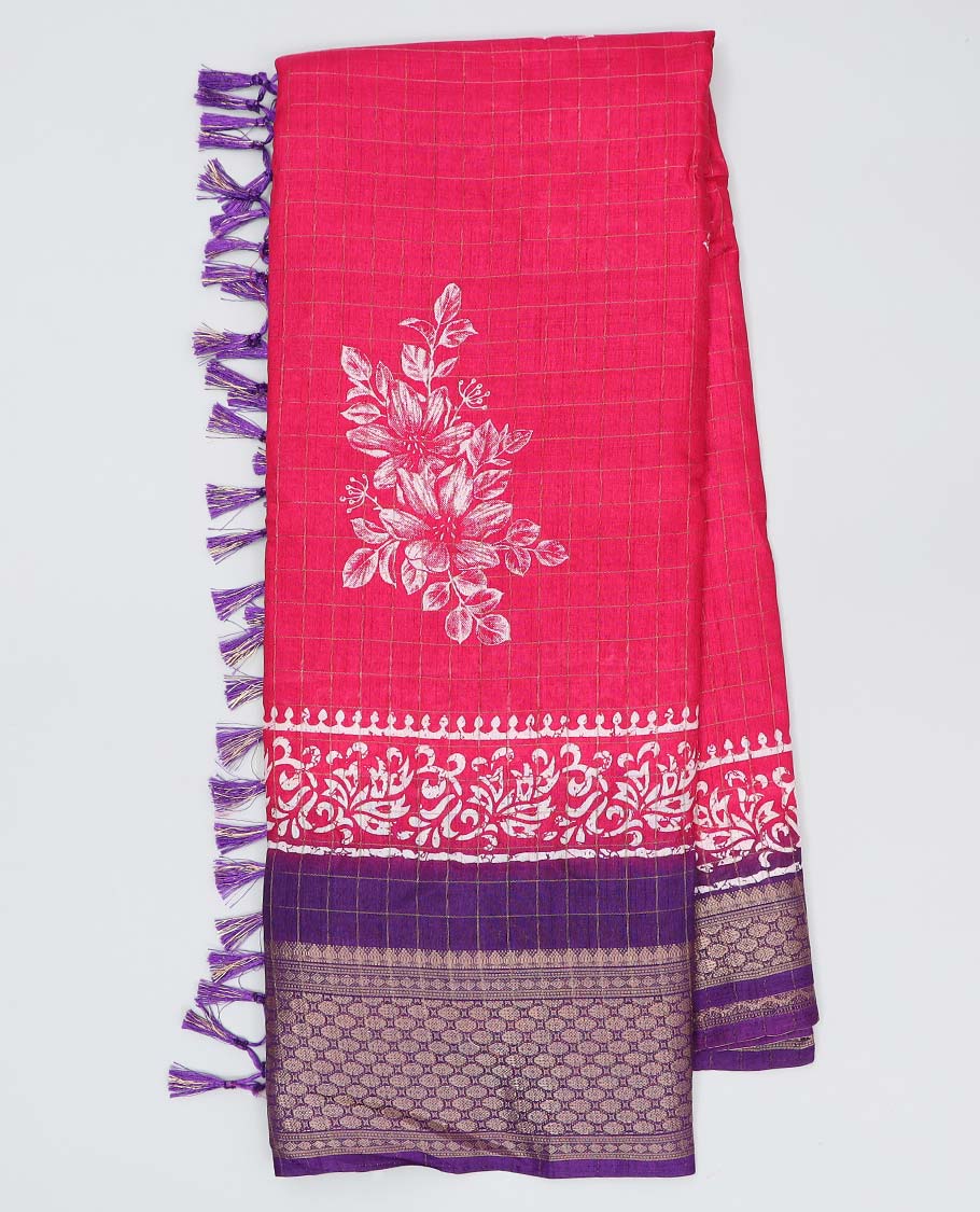 Pink checked & floral motifs printed semi-banaras dola saree, contrast unique design border