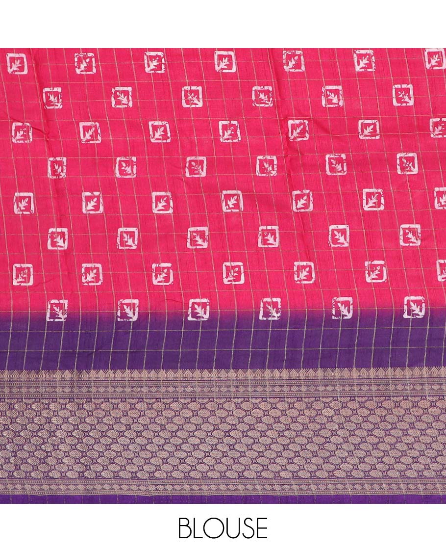 Pink checked & floral motifs printed semi-banaras dola saree, contrast unique design border