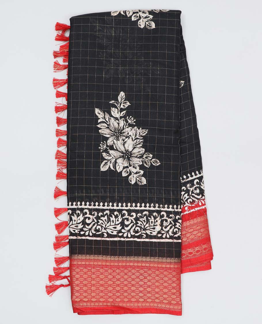 Black checked & floral motifs printed semi-banaras dola saree, contrast unique design border