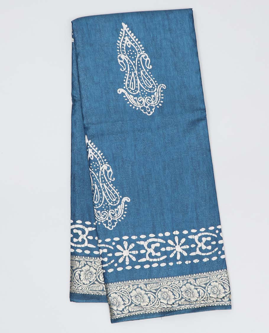 Yellow floral motifs printed semi-banaras dola saree, sequins striped border