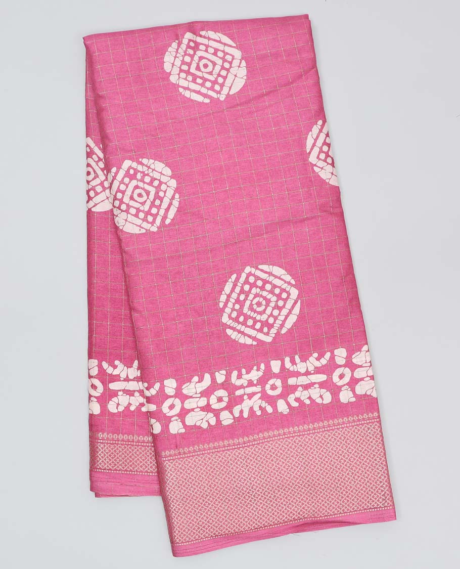 Pink batik unique motifs printed semi-banaras dola saree, jaal design border