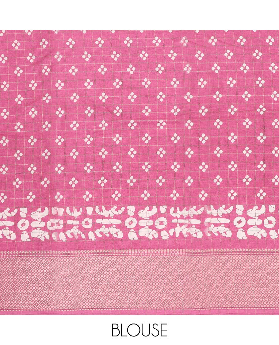 Pink batik unique motifs printed semi-banaras dola saree, jaal design border