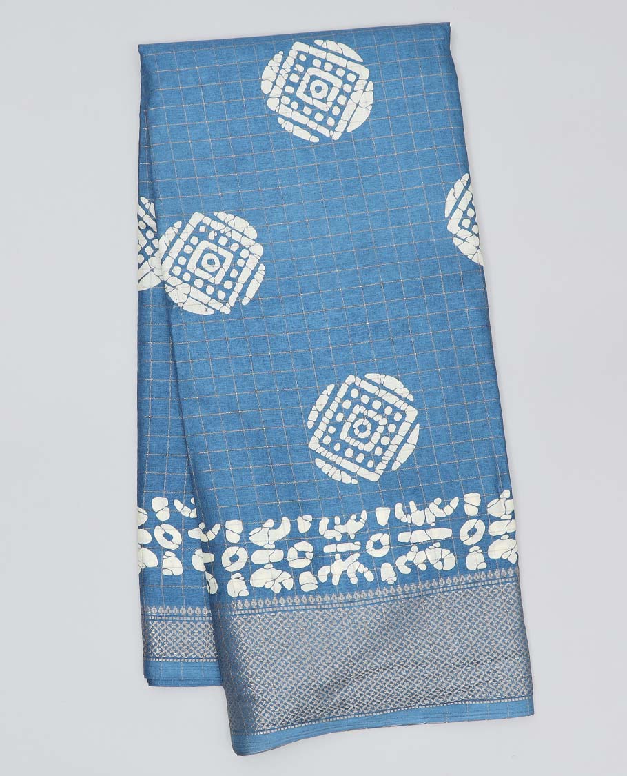 Blue batik unique motifs printed semi-banaras dola saree, jaal design border