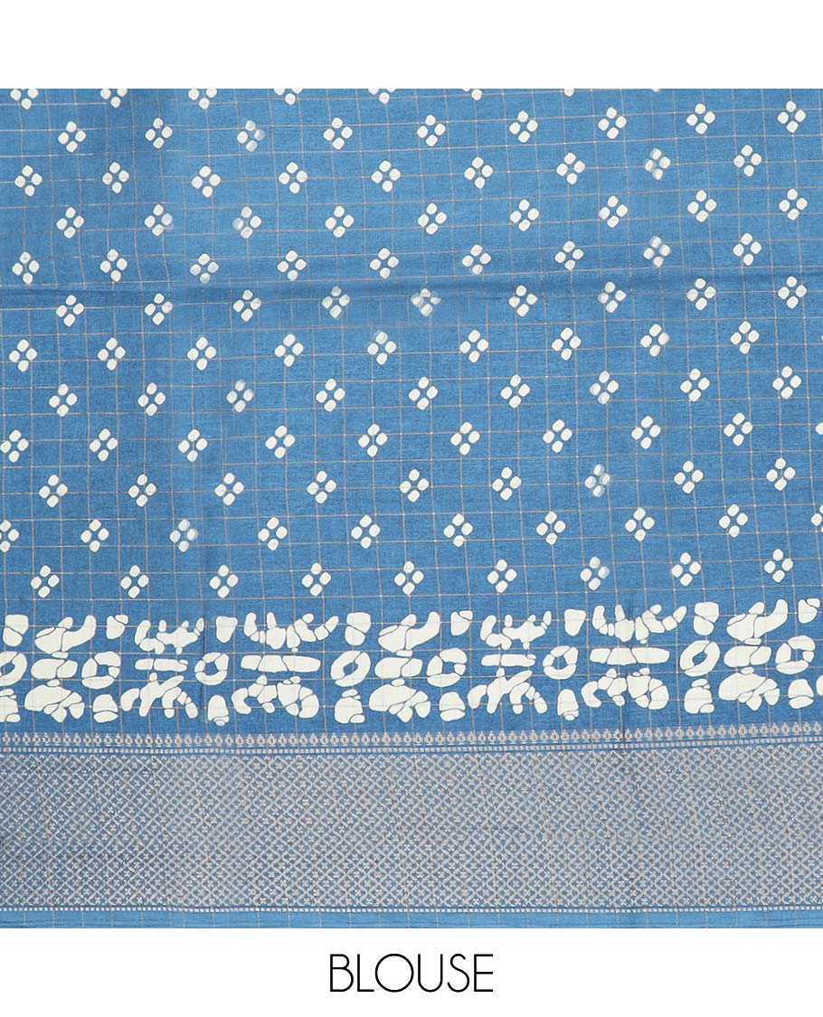 Blue batik unique motifs printed semi-banaras dola saree, jaal design border
