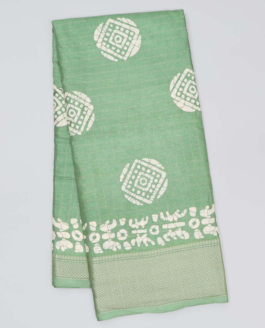 Green batik unique motifs printed semi-banaras dola saree, jaal design border