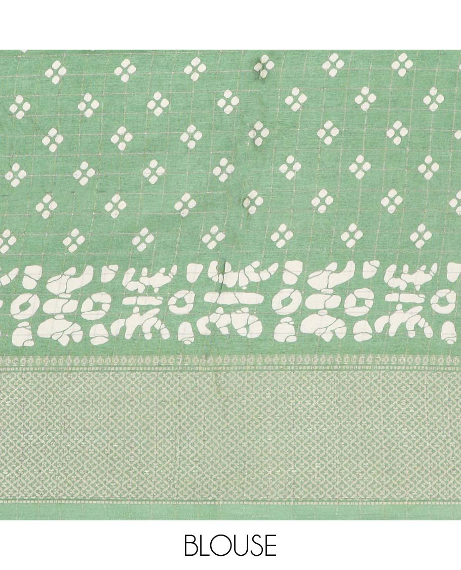 Green batik unique motifs printed semi-banaras dola saree, jaal design border