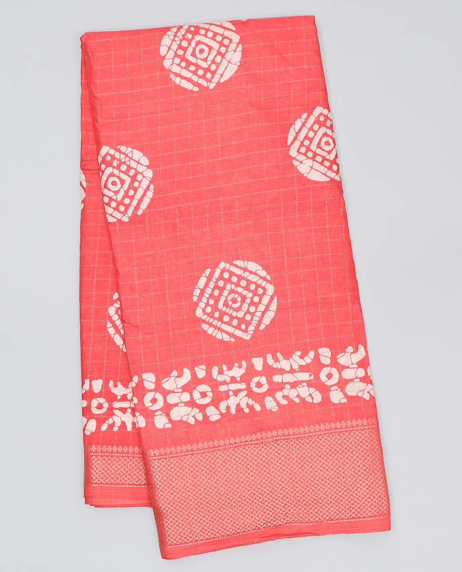 Red batik unique motifs printed semi-banaras dola saree, jaal design border