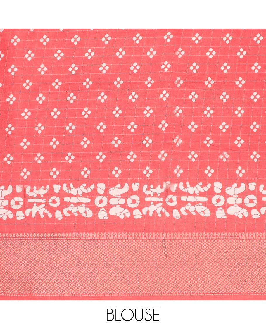 Red batik unique motifs printed semi-banaras dola saree, jaal design border