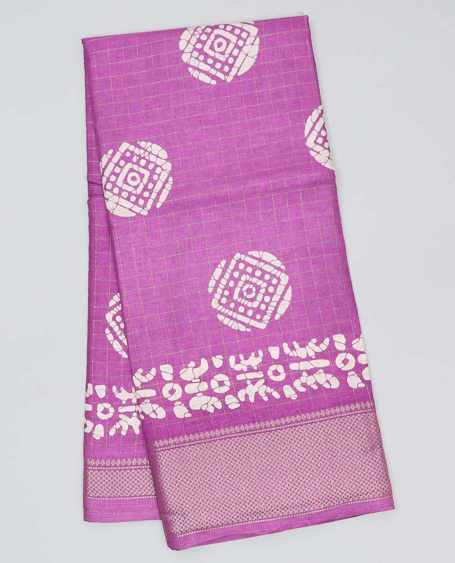 Purple batik unique motifs printed semi-banaras dola saree, jaal design border