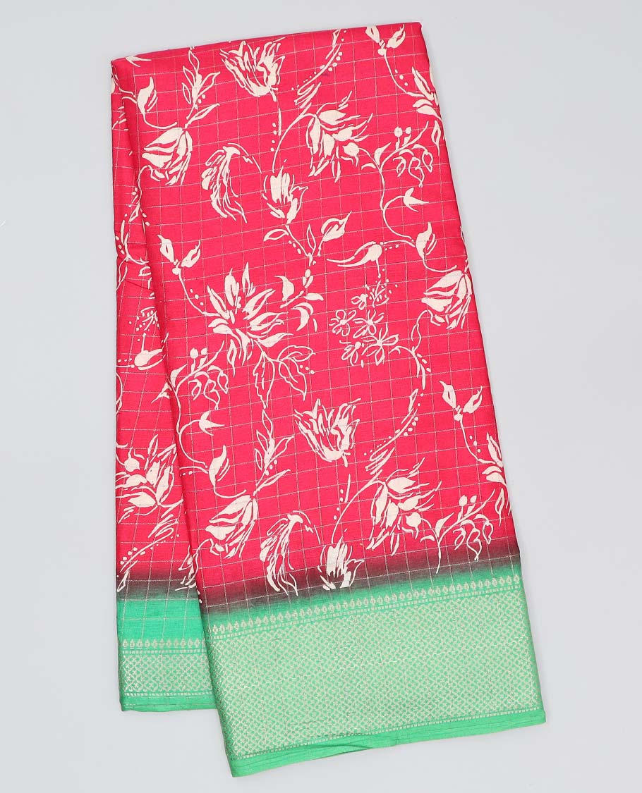 Multi-color batik & floral printed semi-banaras dola saree, contrast striped border