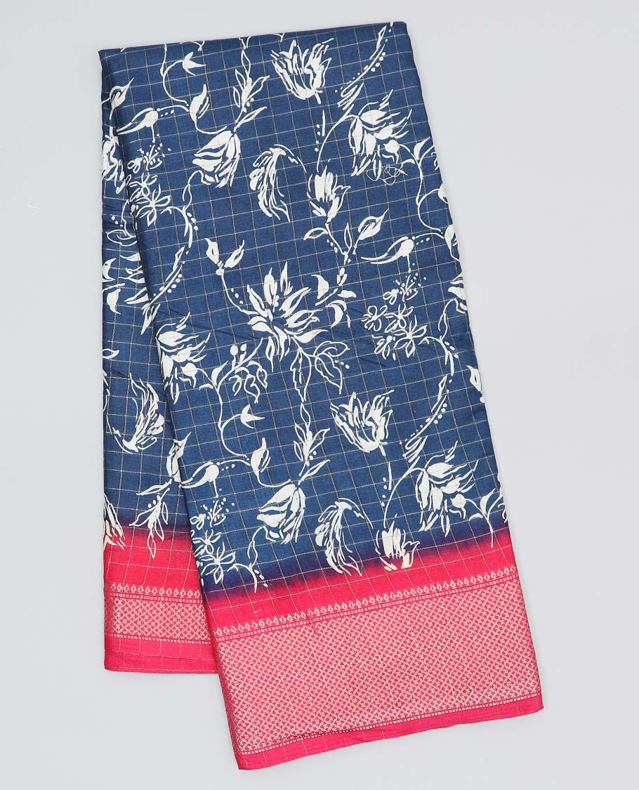 Sandal striped & leaf motifs printed semi-banaras dola saree, contrast sequins striped border
