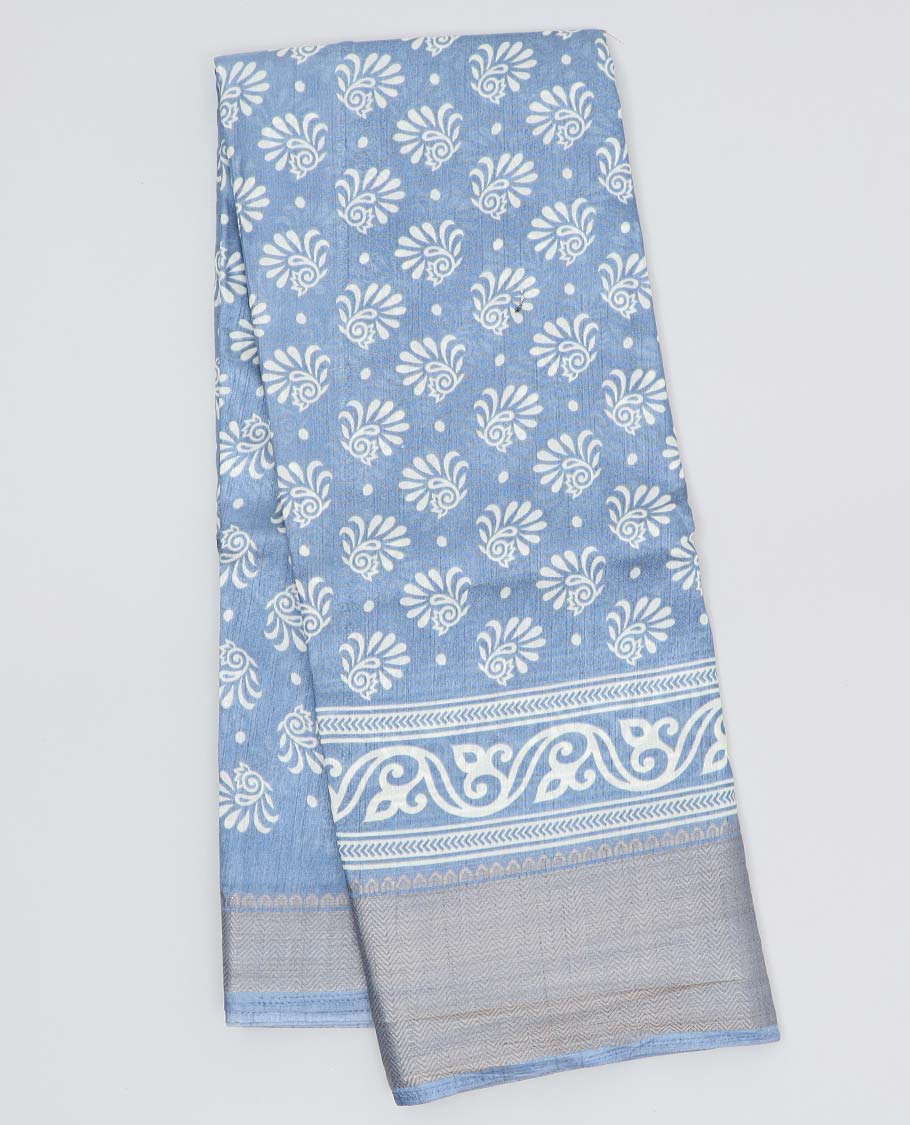Blue sequins striped & bandhani motifs printed semi-banaras dola saree, traditional border