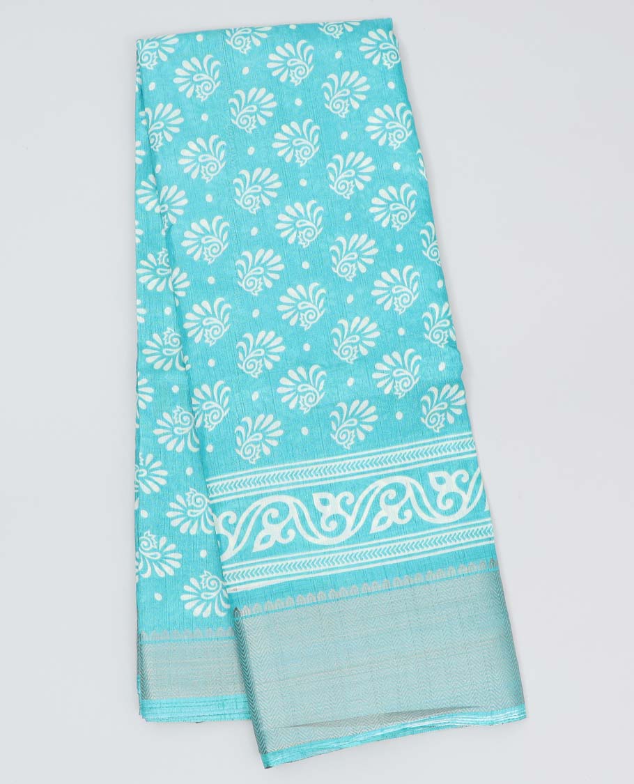 Multi-color striped & floral vine printed semi-banaras dola saree, contrast sequins striped border