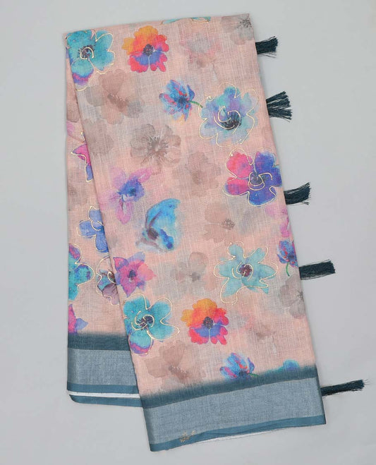 Beige floral printed semi-banaras linen saree, contrast border